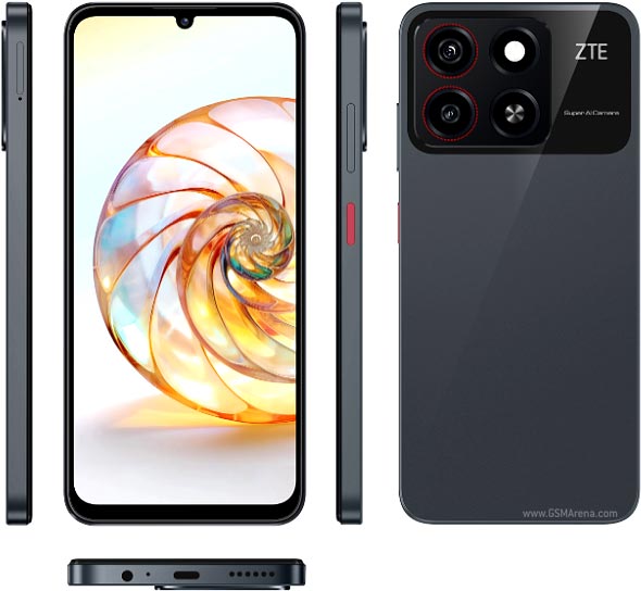 An image showing the ZTE Blade A35 smartphone from various angles, displaying its design and camera module.